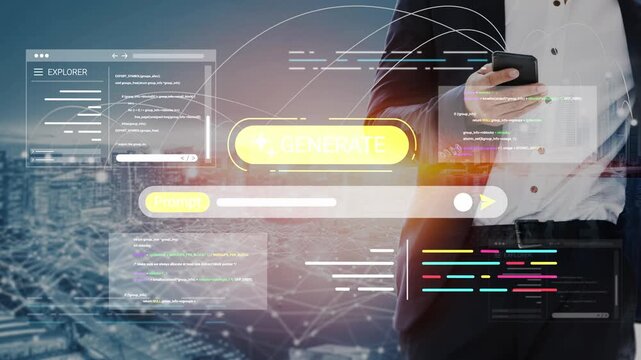 Business Professional Interacting with Futuristic Technology on Mobile Device in Urban Environment with Data Visualizations and Code Elements Gluon.