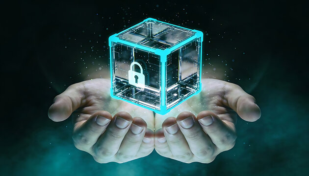 Two hands holding glowing holographic security cube with lock icon data protection cloud encryption and digital privacy concept on dark background