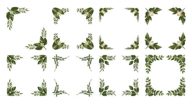 Set of green leafy floral corner decorations and borders