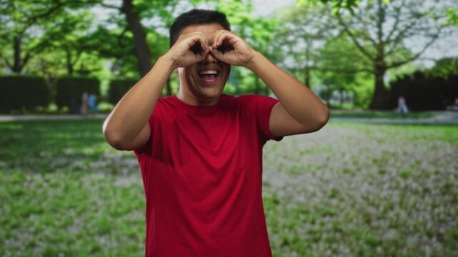 Man making binoculars with hands in park wearing red tshirt, smiling and looking ahead; playful curiosity.