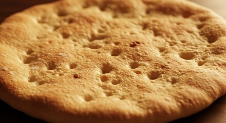 Close-up macro shot of a golden brown focaccia bread with dimpled texture