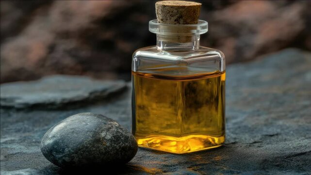 A small glass bottle filled with a yellow liquid sits on a stone surface next to a rock. The cork stopper is visible at the top of the bottle.