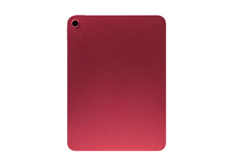 Rear view of pink tablet isolated on transparent background. Back side of tablet PC mockup for copy space.