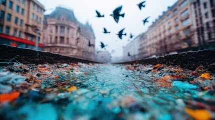 Polluted river reflects buildings and birds in busy city during foggy day