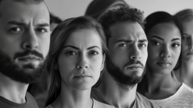 The is a black and white portrait of various individuals from different age groups, ethnicities, and genders.