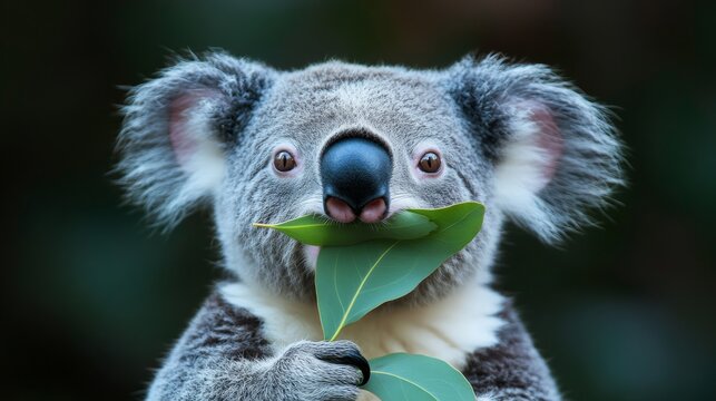 A koala with a leaf mustache strikes a funny pose