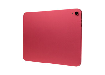Rear view of pink tablet isolated on transparent background. Back side of tablet PC mockup for copy space.