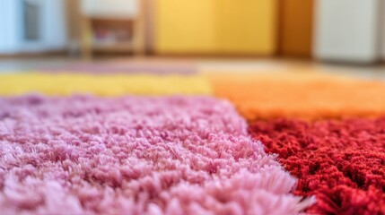 Fototapeta premium Colorful rug in a room with wooden floor and yellow wall in daytime