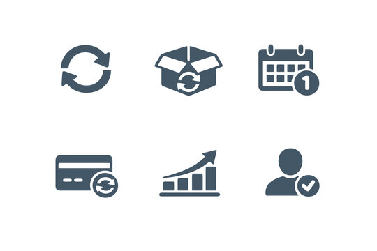 Monochromatic subscription icons illustrating recurring payments and customer retention models. Clean flat vector symbols ideal for SaaS products, billing systems, and UI design.