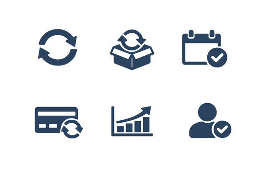 Subscription business icon set showing recurring revenue, billing cycles, and active plans. Monochrome vector icons for SaaS dashboards, finance apps, and web platforms.