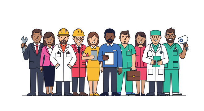 Diverse group of professionals in various industries including construction, healthcare, and business, representing different careers and teamwork.