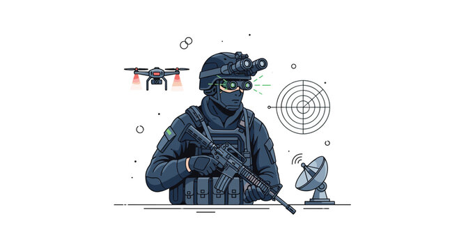Special forces soldier with rifle, night vision, drone, and satellite dish, illustrating modern warfare, surveillance, and advanced technology.