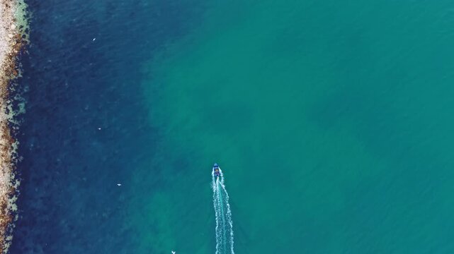 A boat moves swiftly over clear blue water close to a sandy beach during a sunny day. Birds can be seen flying above the water, adding life to the scene.