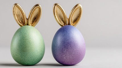 Obraz premium Two Easter green and violet eggs with gold bunny ears 