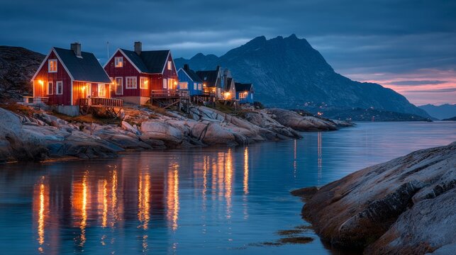 City in Greenland with houses at night
