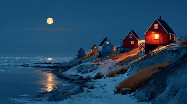 City in Greenland with houses at night
