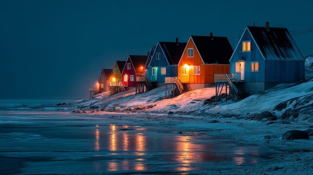 City in Greenland with houses at night
