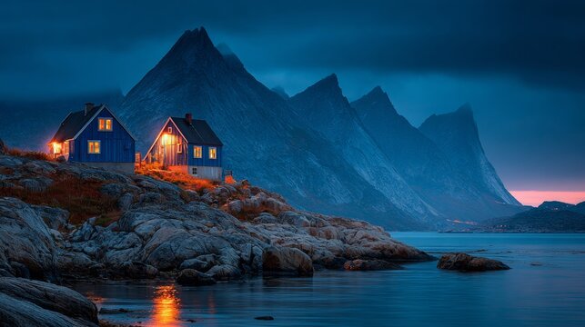 City in Greenland with houses at night

