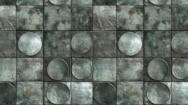Seamless pattern of textured metallic tiles with embossed circular details.