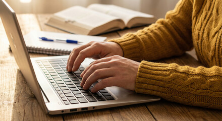 person typing laptop keyboard, remote work home office setup, online education student study, freelance writer working close