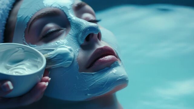 Close-up of a woman's face receiving a facial mask treatment.
