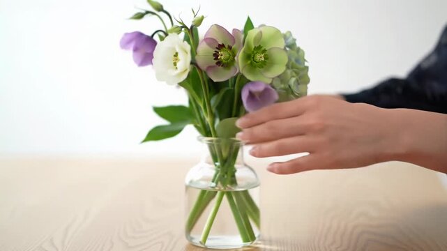 Hands tenderly arrange pastel flowers and smooth flowing peach, mint, and white fabrics on a clean studio table with soft bokeh, concept of serene well-being
