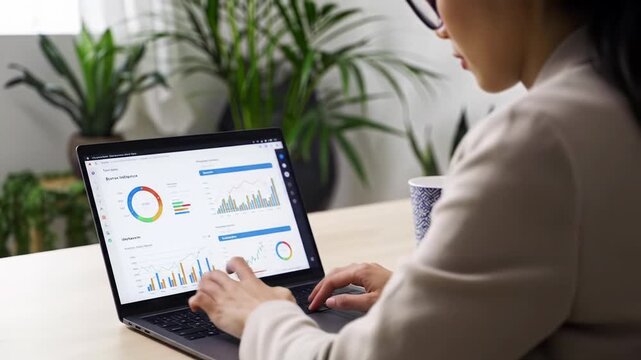 Gender-neutral professional in business casual intensely typing, analyzing data on a laptop with vibrant BI charts in a minimalist home office. Digital productivity and data insight concept