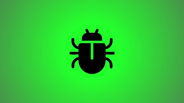 A motion graphic animation of a bug icon rotating and then a white light passing over the flat icon, against a bright green background, illustrating concepts of software, viruses, and digital issues