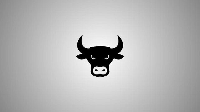 A dynamic animation showcasing a bull head with horns, transitioning from a subtle 3D shadow to a bold black 2D icon, featuring a strong and determined expression