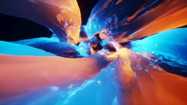 A hyper-realistic abstract generative art video with glowing blue, cyan, and orange-red rivers flowing in an ethereal space, slow dolly push-in, soft volumetric light. Concept of seamless data flow