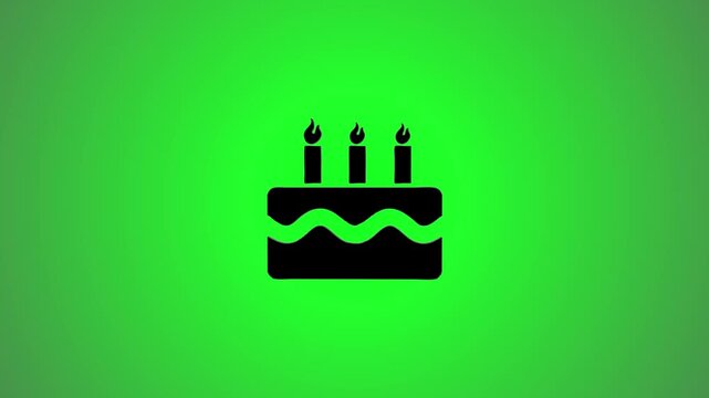 A motion graphic of a birthday cake with three lit candles appears and rotates, then scales up before settling into a flat 2D icon on a vibrant green screen background