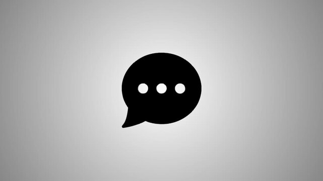A dynamic 3d animation of a black speech bubble with three dots, rotating and then settling into a central position on a white background with a subtle light reflection