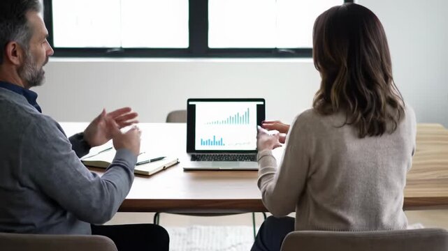 Mature professional couple review financial graphs on laptop and tablet at sleek table in bright modern home office, natural light, slow tracking video. wealth management concept