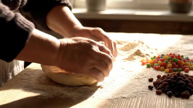 Female hands kneading dough for traditional Easter bread with raisins and candied fruit