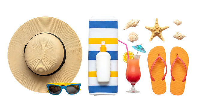 Summer beach vacation essentials set with hat, sunglasses, flip flops, starfish, seashells, and cocktail isolated on transparent background