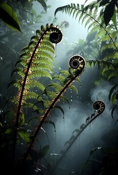 Fern Fronds Unfurling Spiral Croziers in Misty Rainforest