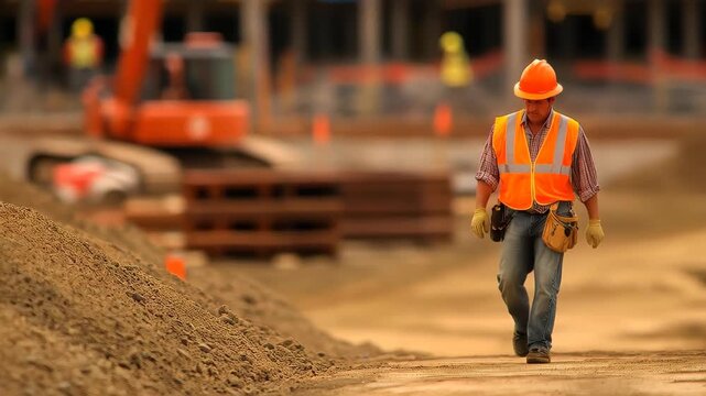 Building the Future: A construction worker strides purposefully across a bustling building site, embodying hard work and dedication amidst the ongoing construction process.