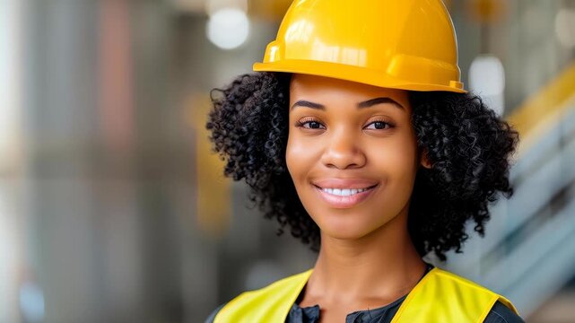 Confident Engineer: A portrait of a skilled female engineer confidently wearing protective gear, highlighting her expertise and dedication in her field.