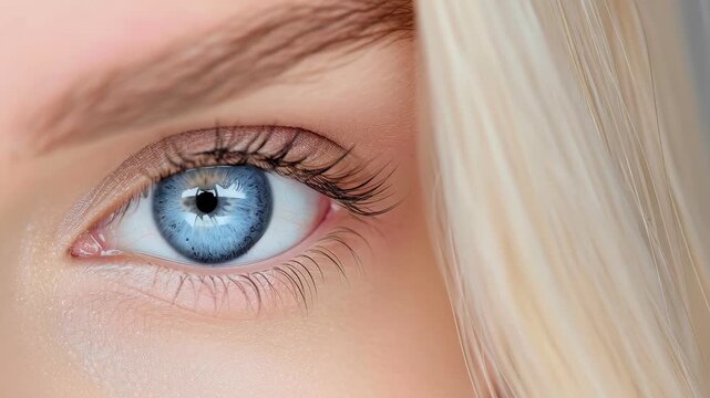 Captivating Gaze: A close-up shot of a human eye with striking blue iris, framed by delicate eyelashes and soft, blonde hair.