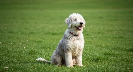 Fluffy, light-colored dog sits attentively on a vibrant green lawn