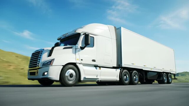 Sleek white semi-truck with cargo container glides on pristine highway, green hills, clear sky, cinematic bokeh, tracking video. Global connectivity concept