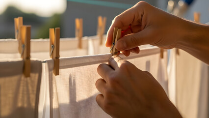 Obraz premium Close up of man hands hanging white laundry sheets on clothesline with wooden pegs outdoors at sunset