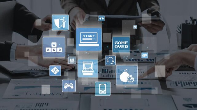 Gaming icons show online gaming, game streaming, and interactive play. Gaming supports esports, game community, and digital gaming experience. Funnel