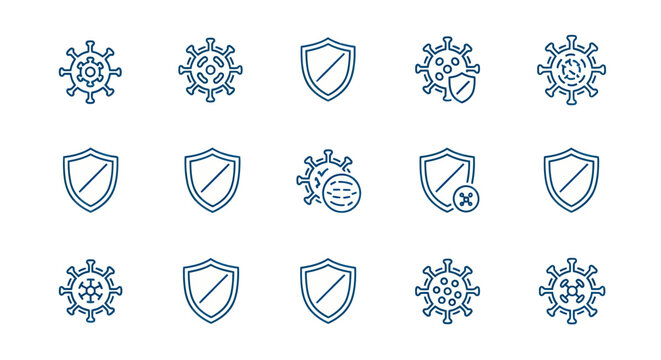 Coronavirus protection icons shield symbols and viral element designs