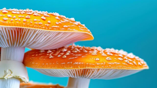 Vibrant Mushroom Duo: A captivating image showcases two vibrant mushrooms with striking orange caps and intricate details, set against a calming blue backdrop.