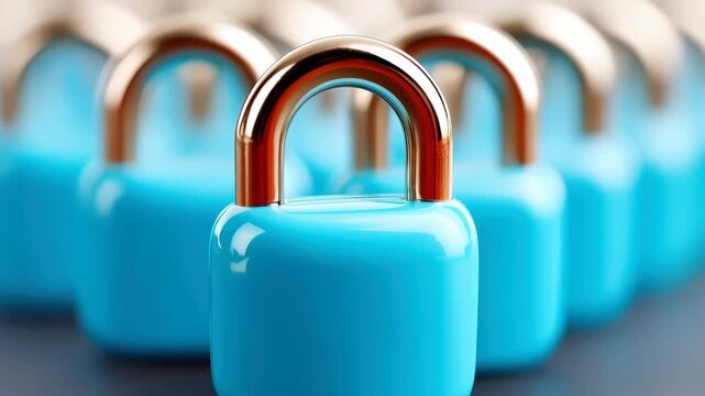 Security in Sequence: An array of gleaming, teal padlocks stands in perfect alignment, symbolizing steadfast security, protection, and the promise of safety. 