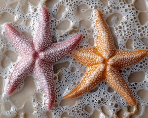 Two starfish, pink and orange, resting on a textured surface covered in foamy bubbles