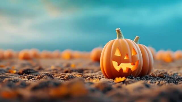 Autumnal Harvest: Capturing the festive spirit of Halloween, two illuminated jack-o'-lanterns sit proudly in a sprawling field of pumpkins, symbolizing the anticipation and warmth of fall.