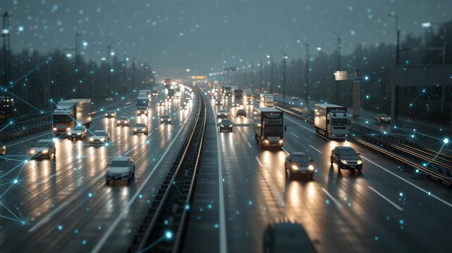 Visualizing traffic flow on a busy multilane road during the night with bright lights and moving vehicles