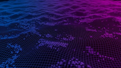 A neon-lit wavy mesh pattern, creating a digital landscape with varying shades of blue and purple